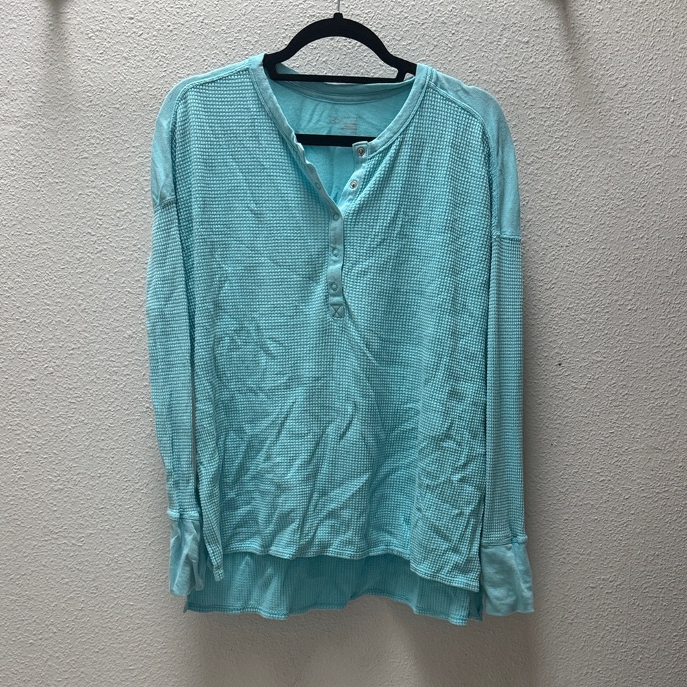 Light Blue Waffle Knit Henley Shirt